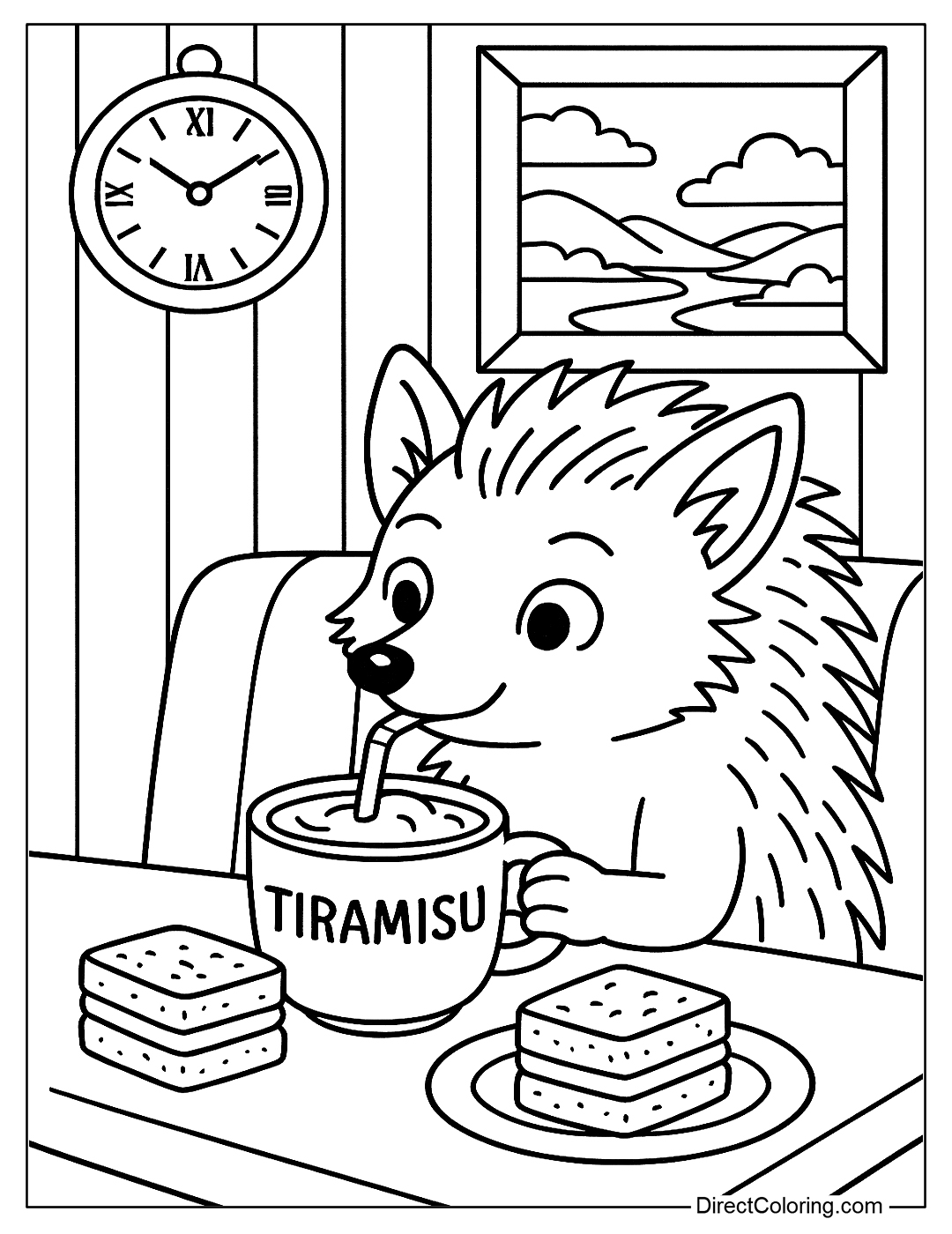 A mischievous Hedgehog sits in the corner of a cafe, enjoying a cup of coffee coloring for kids